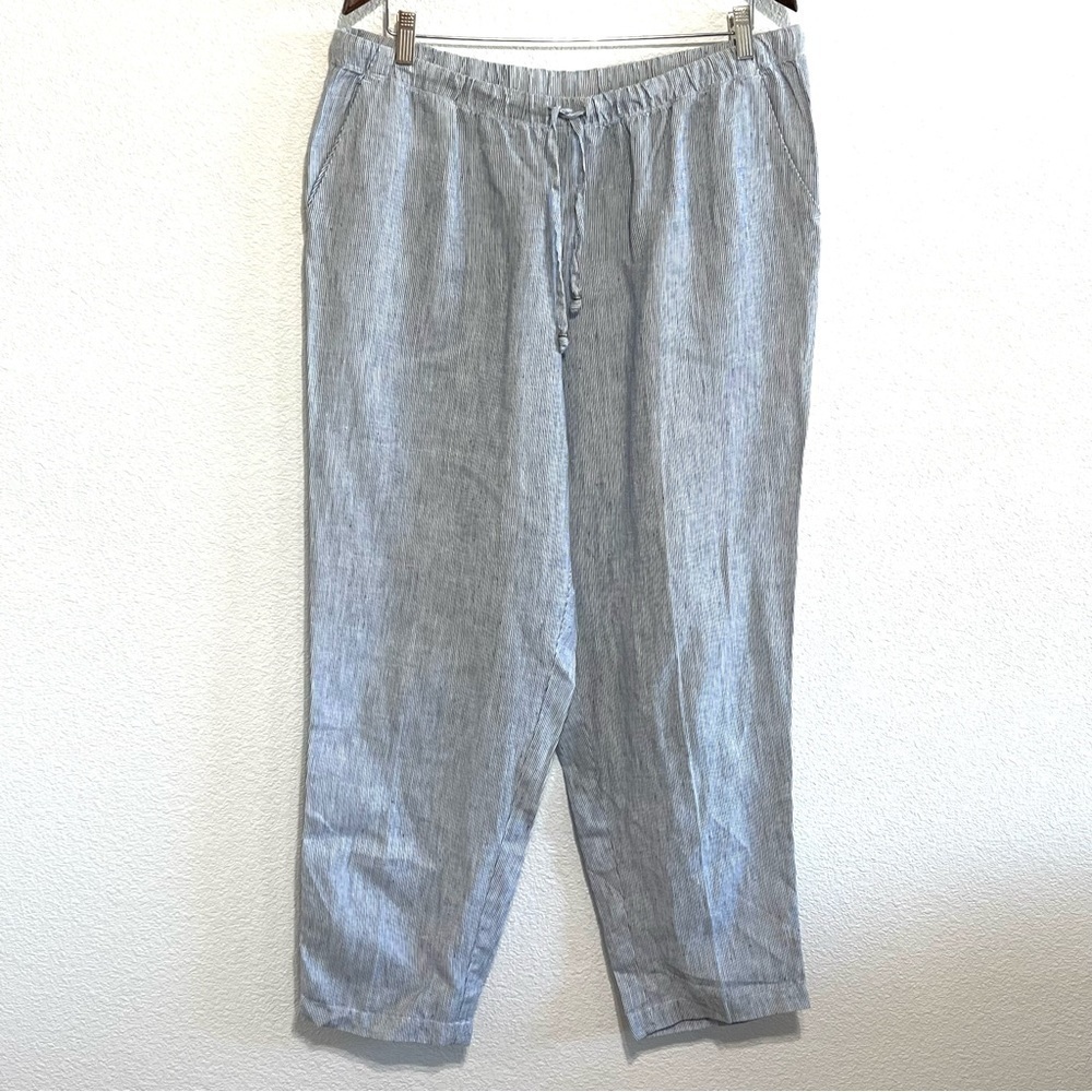 J.Jill Woman 100% LINEN Blue White Stripe Pants Size L